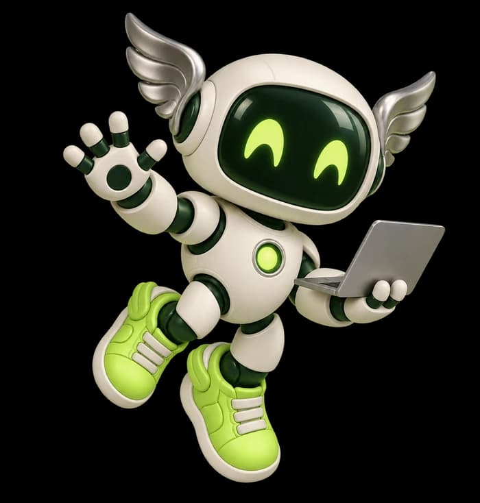 Hermes Academy's friendly winged robot holding a laptop